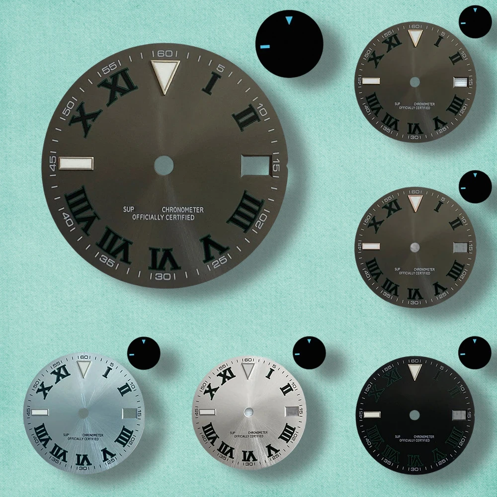 

28.5mm High Quality S Logo Roma Numerals NH35 Dial Fit NH35/NH36/4R Movement Ice Blue Luminous NH35 Modification Accessorie