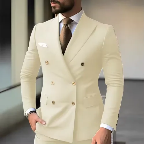 Imagen 2 del producto Traje de dos piezas de alta gama para hombre, traje, chaqueta con pantalones largos, vestido de novio de boda ajustado, conjunto de diseño de doble botonadura