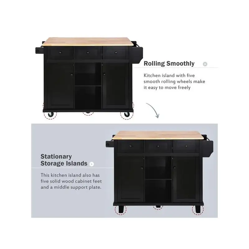 عربة مطبخ بأوراق شجر مع سطح من الخشب المطاطي، ورفوف تخزين داخلية، و5 عجلات، وخزانة تخزين و3 أدراج لغرفة الطعام، #4