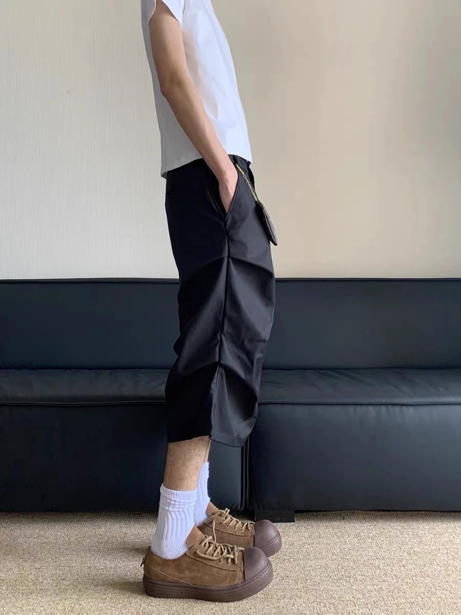 아메리칸 레트로 플리츠 워크웨어 반바지 남성 루즈핏 와이드 레그 로거 7부 여름 신상 캐주얼 팬츠 스트레이트 밑단