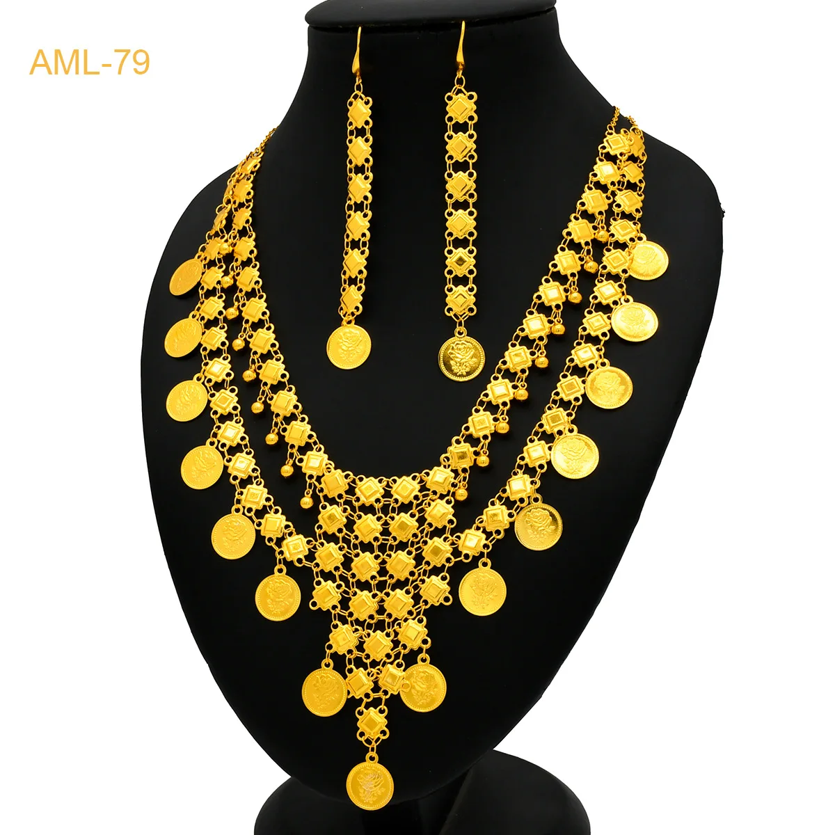 24k Brass Bridal Jewelry Set Xinjiang Yunnan Jewelry Saudi Arabia Coin Fringe Necklace Earring Set