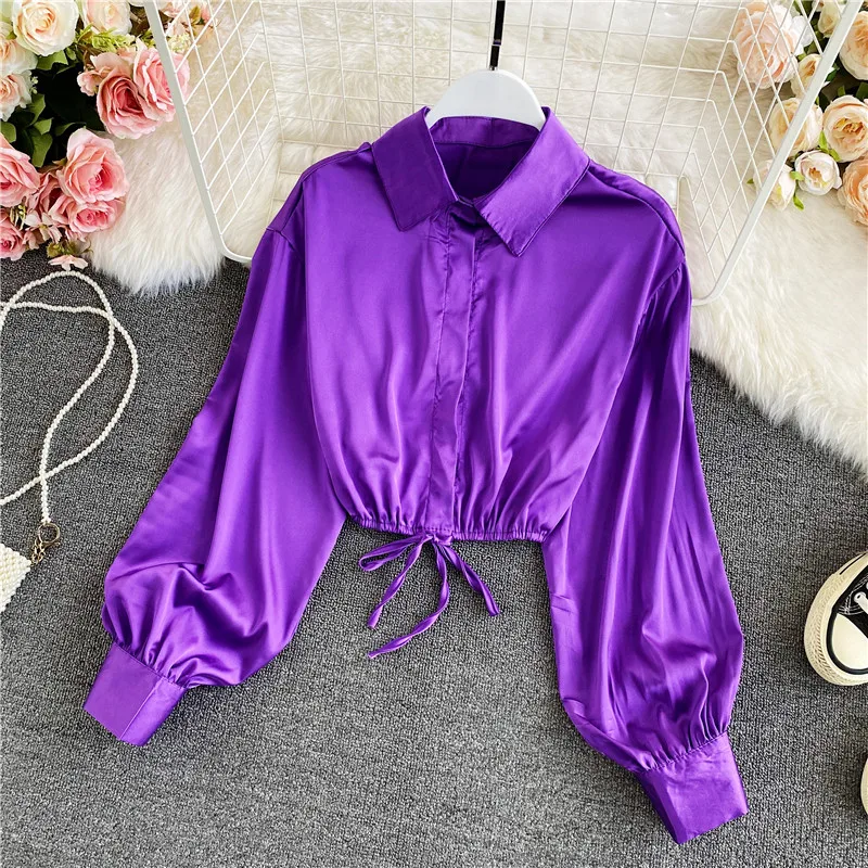 

Satin Shirt Women's Luxury Designer Drawstring Pleated Long Sleeve Shirt New Slim Fit Short Solid Color Top