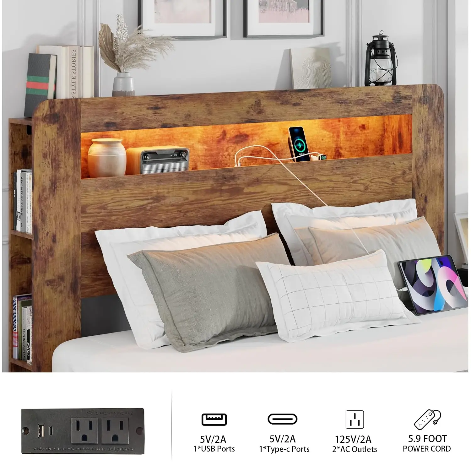 King Wooden Bed Frame Bookcase Headboard Rustic LED Light Charging Station Slat Support No Box Spring, Customized