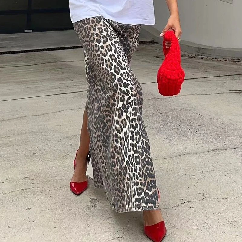 Deeptown Leopard Print Long Skirt Women Vintage Sexy Y2k Streetwear Midi Skirts Fashion High Waist Retro Casual Slit Denim Skirt