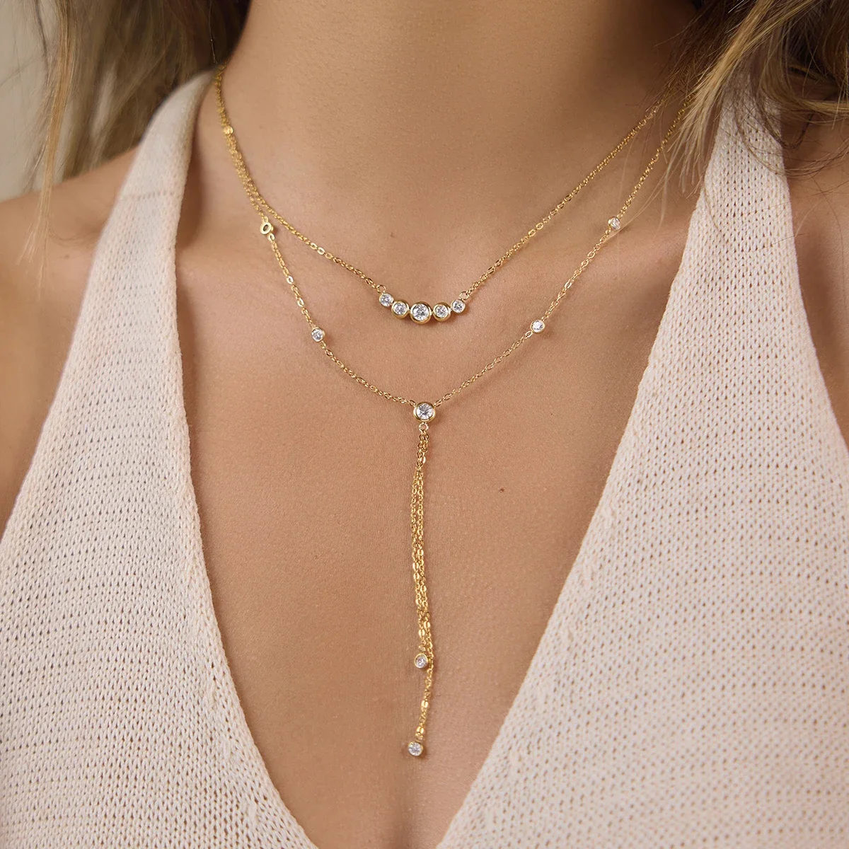 

Delicate Round Zircon Pendant Necklace For Women Y Shape Chain 18K Gold PVD Plated Stainless Steel Necklace Girls Gift