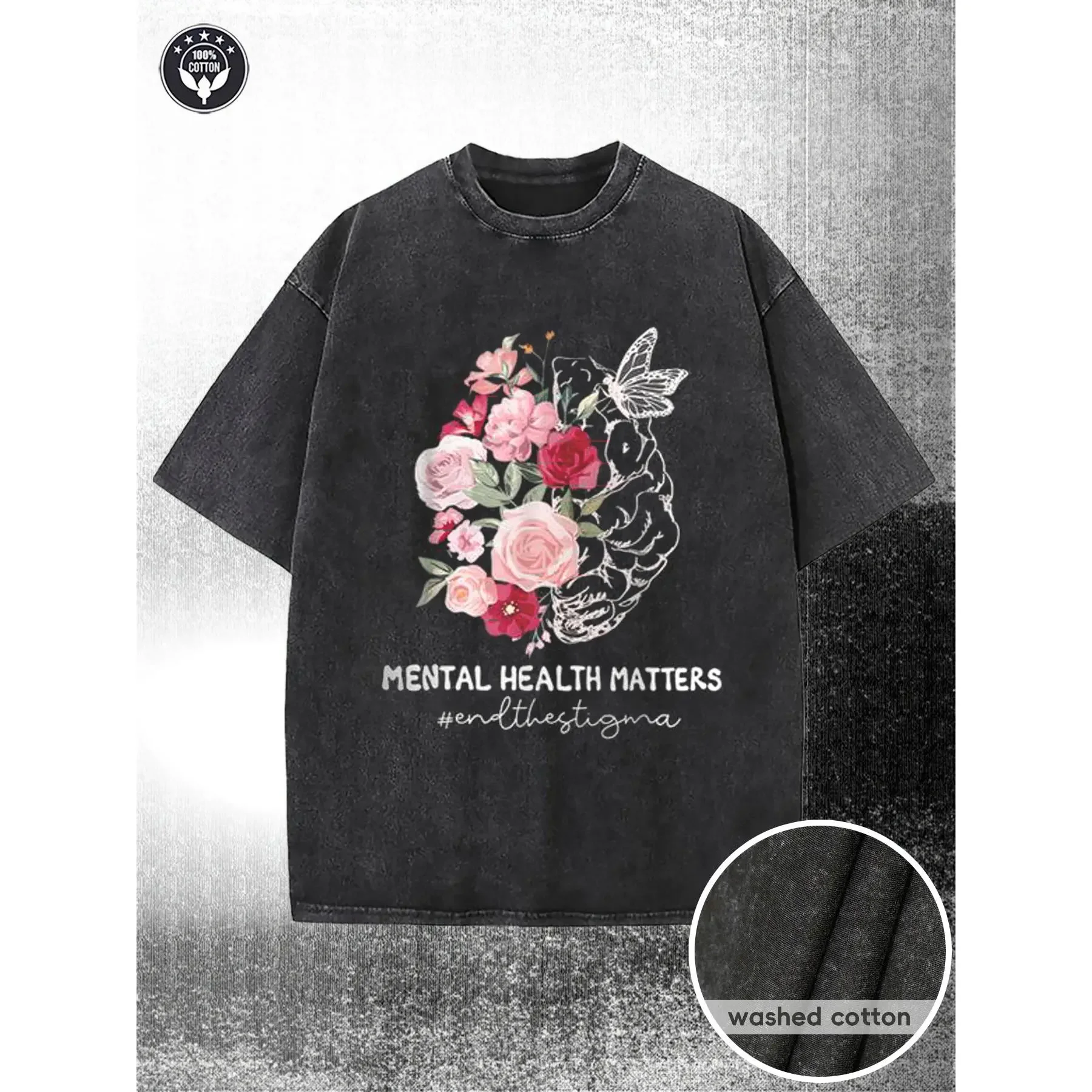 Men's 230g Washed Cotton Oversized Round Neck Shortsleeve T-shirt - Mental Health Awareness Print, Soft Retro Cargo-Inspired Vintage Streetwear, High-Quality Wax-Printed Lightweight Thick Fabric, Relaxed Fit, Machine Washable, Outdoor Use, Holiday Gift,