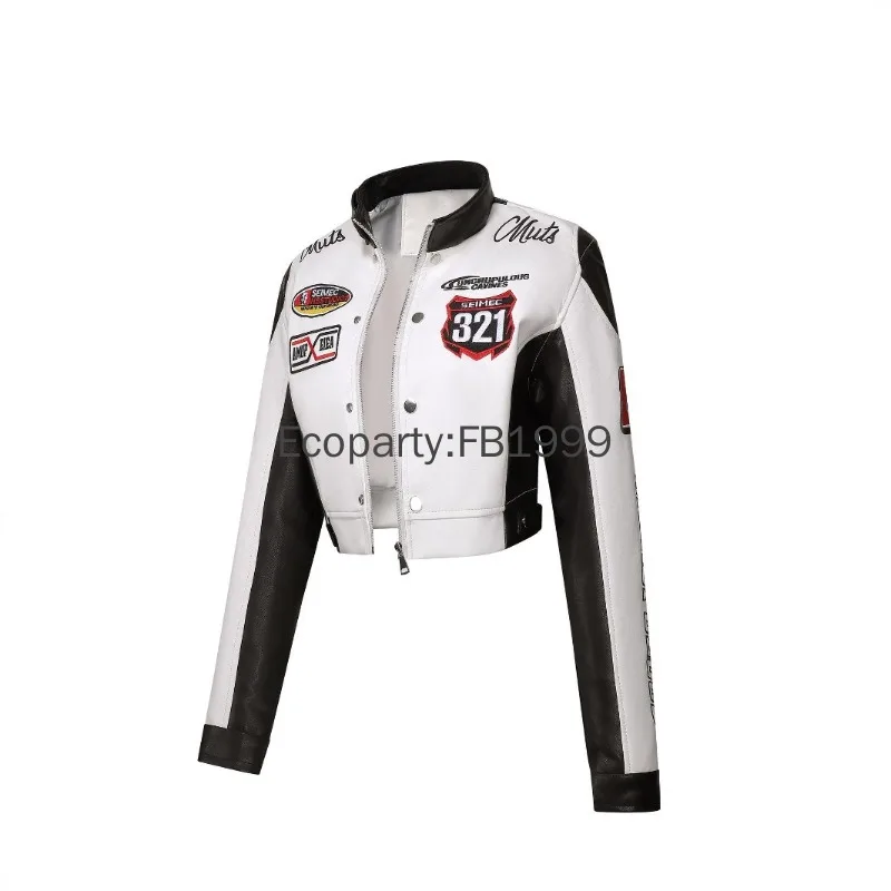 New Women Spring Autumn Embroidered PU Leather Racing Jacket Fashion Long Sleeve Letter Printing Short Coat Female Streetwear