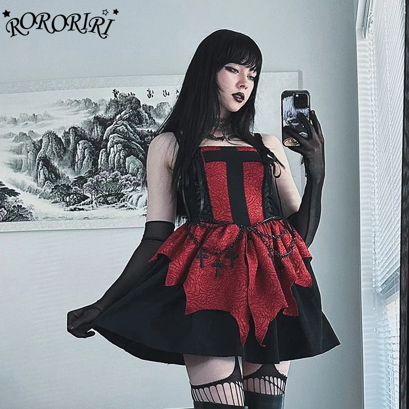 RORORIRI Gothic Cross Red Floral Mini Dress Women Bicolor Textured Lace-up Ribbon Sleeveless Camisole Dress Lolita Retro Clothes