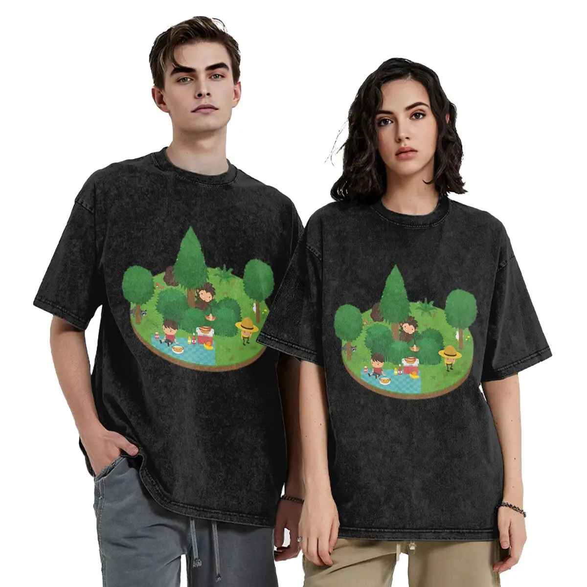 Sneaky Sasquatch Floating Picnic Washed T Shirts Oversized Short Sleeve Hip Hop T-Shirt Streetwear Tops Tees for Men Women