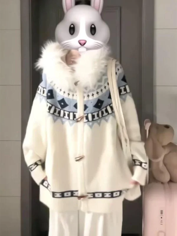 

Корейский вязаный свитер-пальто свободного кроя с большим меховым воротником, весенний винтажный вязаный топ для женщин, модный уличный стиль