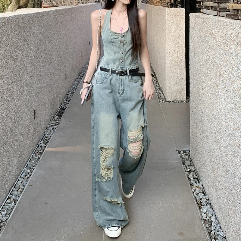 Women's Casual Denim Overalls Vintage Button Down Sexy Backless Holes Hollow Out Ripped Denim Full Pants Female 2024 New Jeans