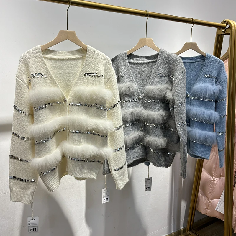 2025 otoño mujer lentejuelas brillantes suéter de piel de zorro Real piel Real primavera diseño especial chaqueta de punto