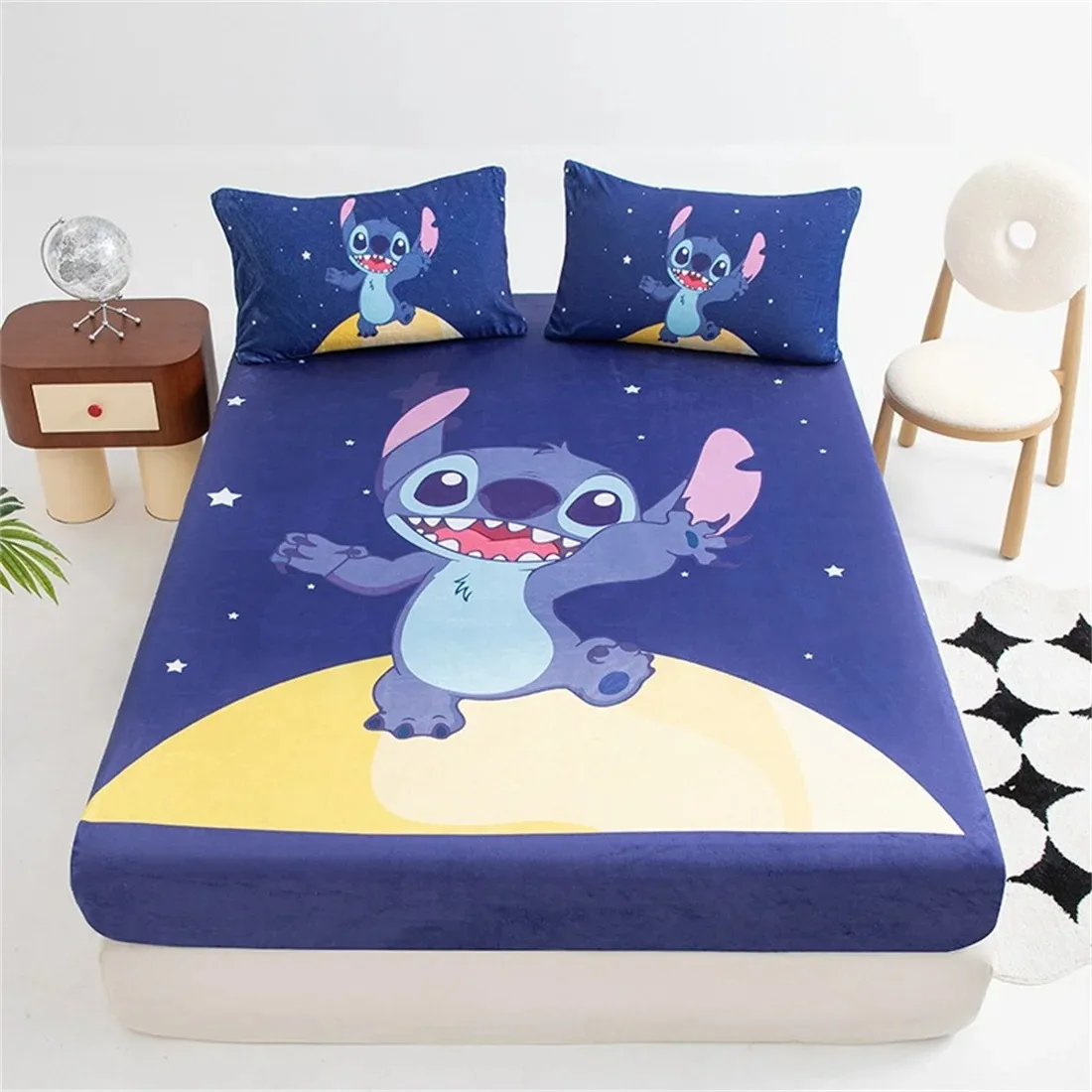 Disney-sábana bajera de Stitch para niños, sábanas de dibujos animados azules, Funda de colchón antipolvo, 90/120/150/180 cm