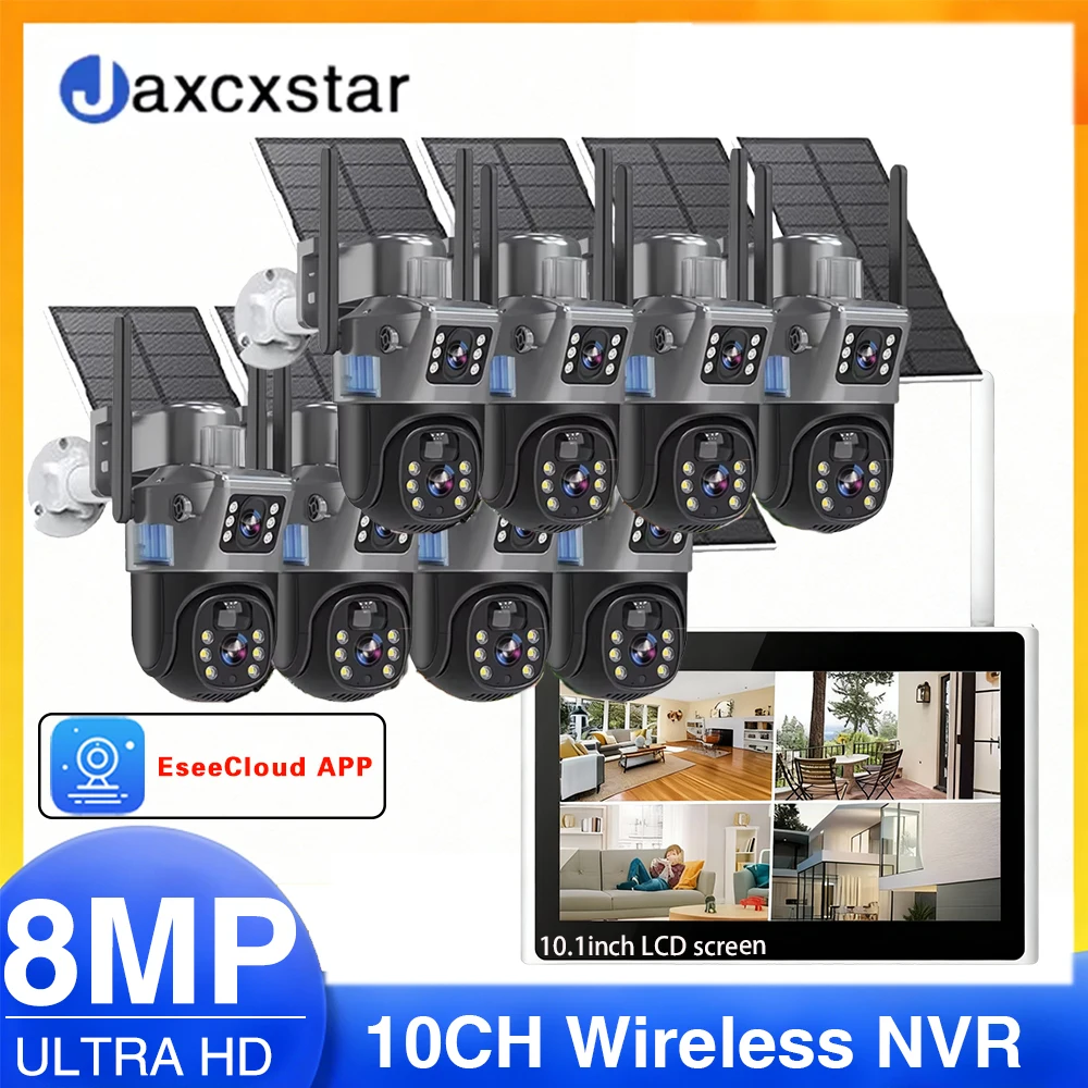 10CH Wireless NVR 4K 8MP Wifi Dual Lens PTZ Solar BatteryCamera Video Surveillance Outdoor Auto Tracking Security Cam System