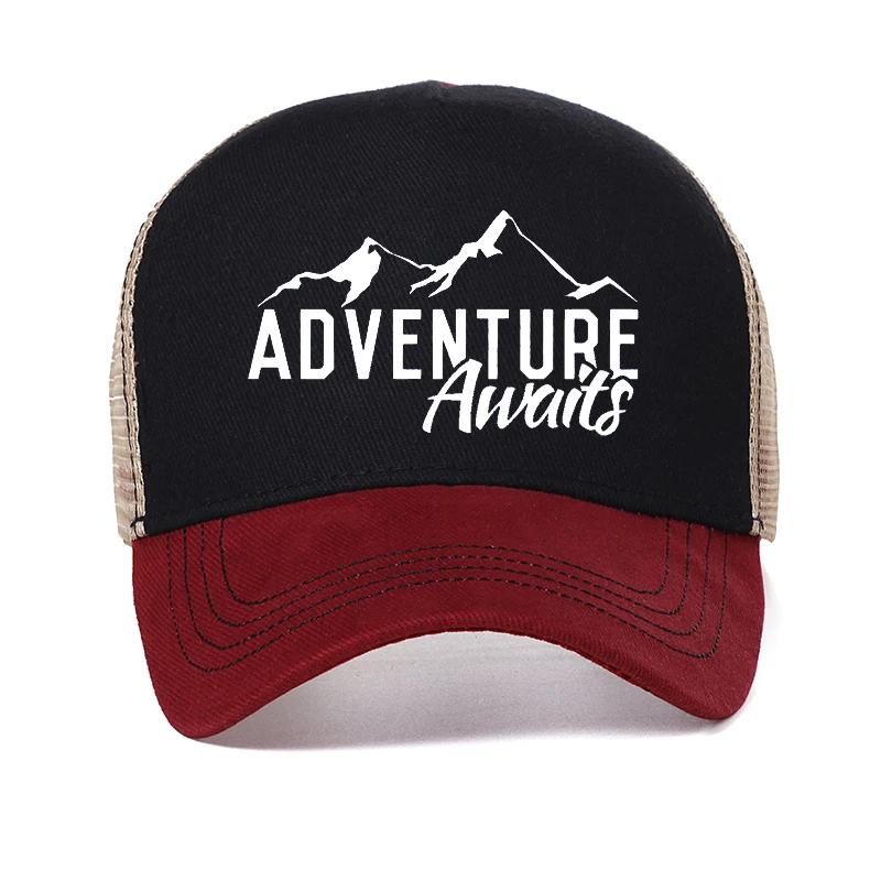 Adventure Awaits-Gorra de béisbol con estampado de letras para hombre, gorro de béisbol con malla transpirable, ajustable, informal, para viajes al aire libre