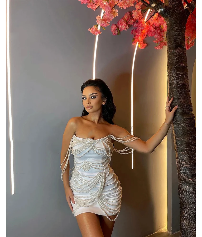 

MCDV Customized Luxury Pearls Beading Satin Straight Evening Dress High Quality Strapless Sleeveless Bespoke Occasion Gowns