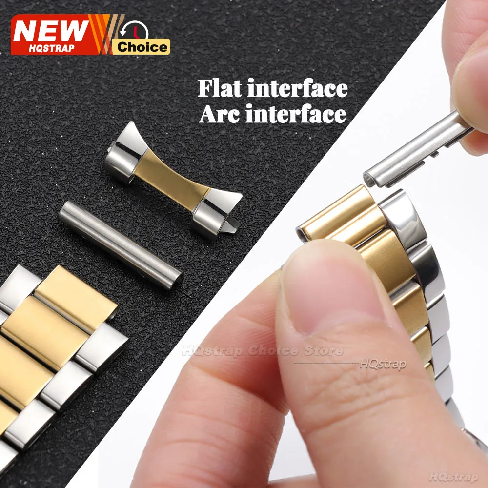 New Stainless Steel Watch Band Flat Arc Interface Universal Replacement Strap 18mm 20mm 22mm Folding Clasp Women Men Wristband