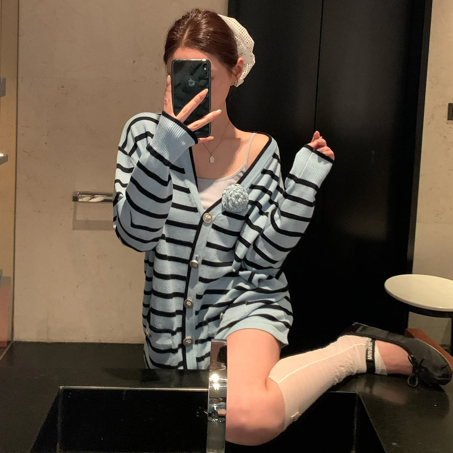 Early Autumn New Blue Black Striped Knit Cardigan Women Loose Fit Oversized Coat sweaters for women