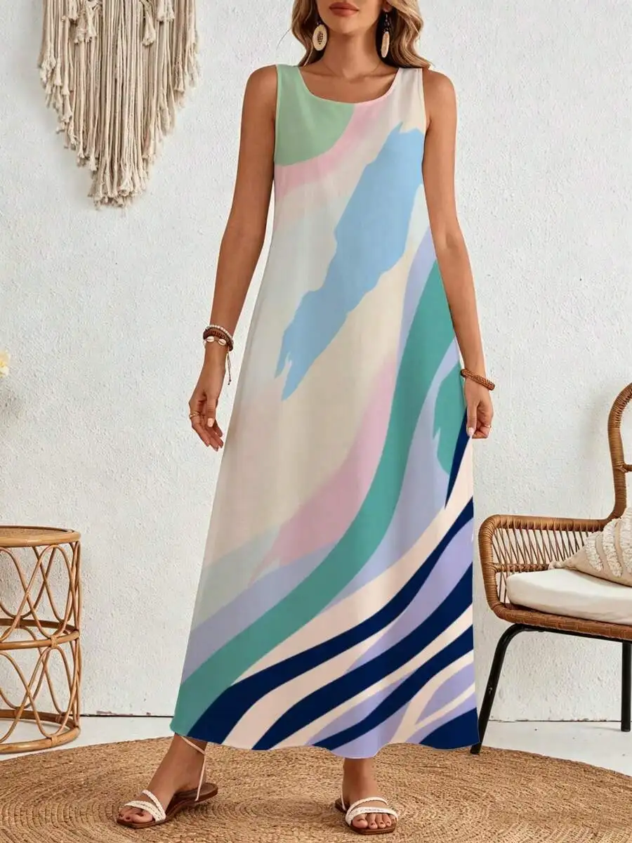 

Sleeveless Maxi Dress Multicolor Abstract Print Summer Beach Vacation Wear