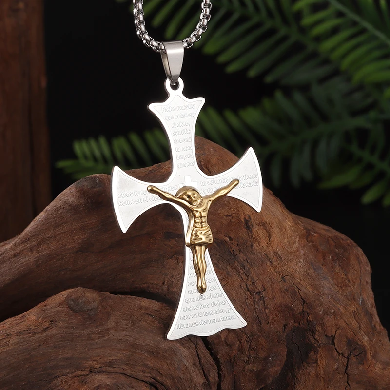 New Stainless Steel Passion Cross Pendant Christian Scripture Necklace Men Ladies Prayer Amulets Jewelry Accessories Wholesale