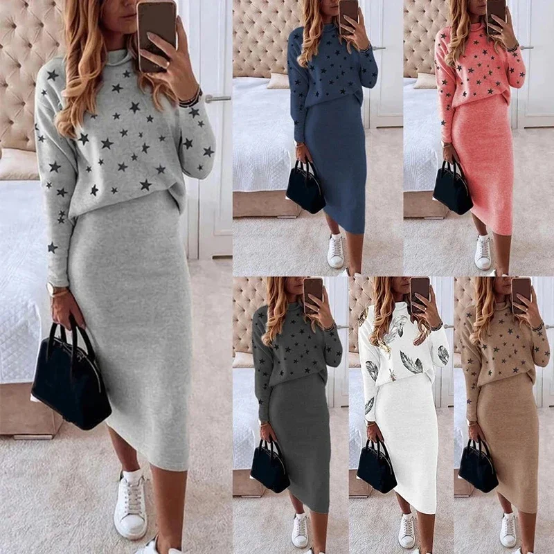 Autumn Winter skin-friendly star printed high neck pullover with casual tight bag hip skirt two piece sets womens outifits