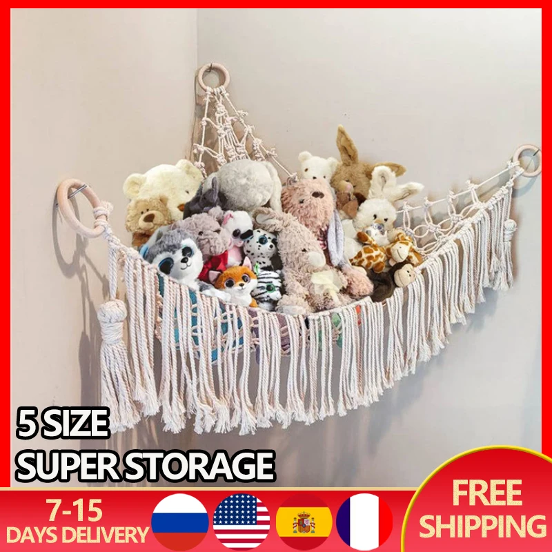 Large Toy Hammock Mesh Bohemia Weave Net Kids Bedroom Storage Stuffed Animals Display Holder Wall Hanging Storage Organizer