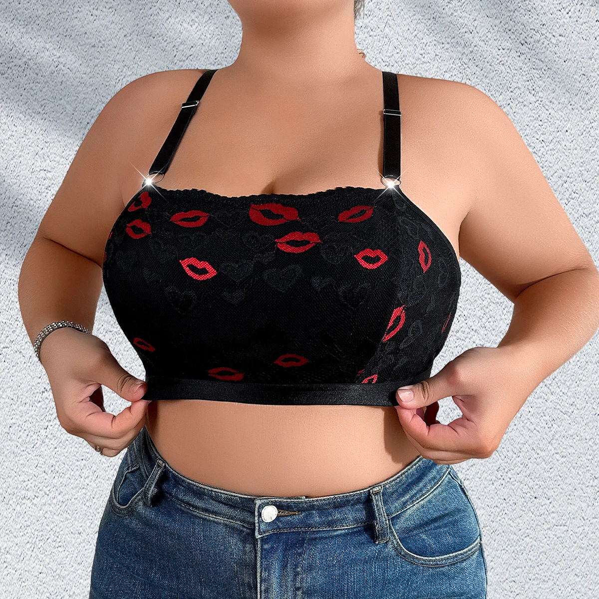 1pcs 1XL-4XL Plus Size Sexy Women's Bras Red Lip Print No Pad Female Underwear Adjustable Shoulder S