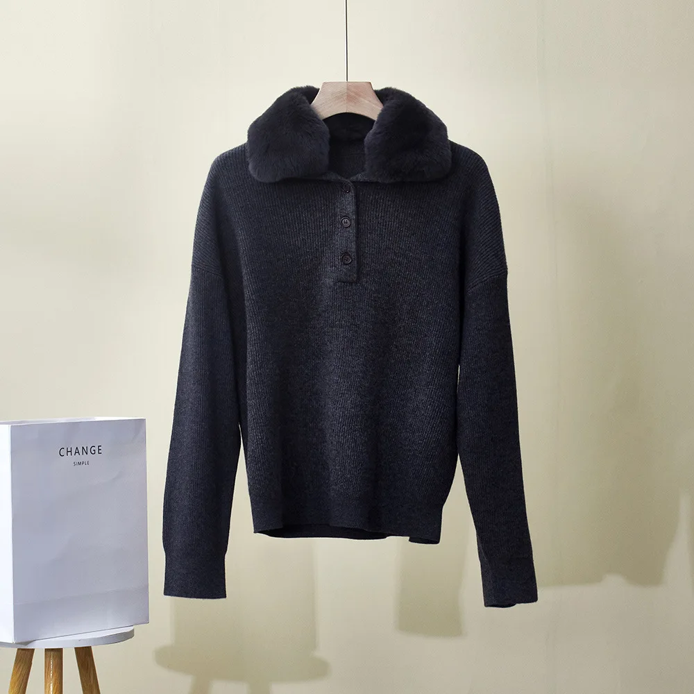 Sweater Kasmir Musim Dingin Kerah Bulu Lepas Model Longgar Serbaguna Rajutan Tebal