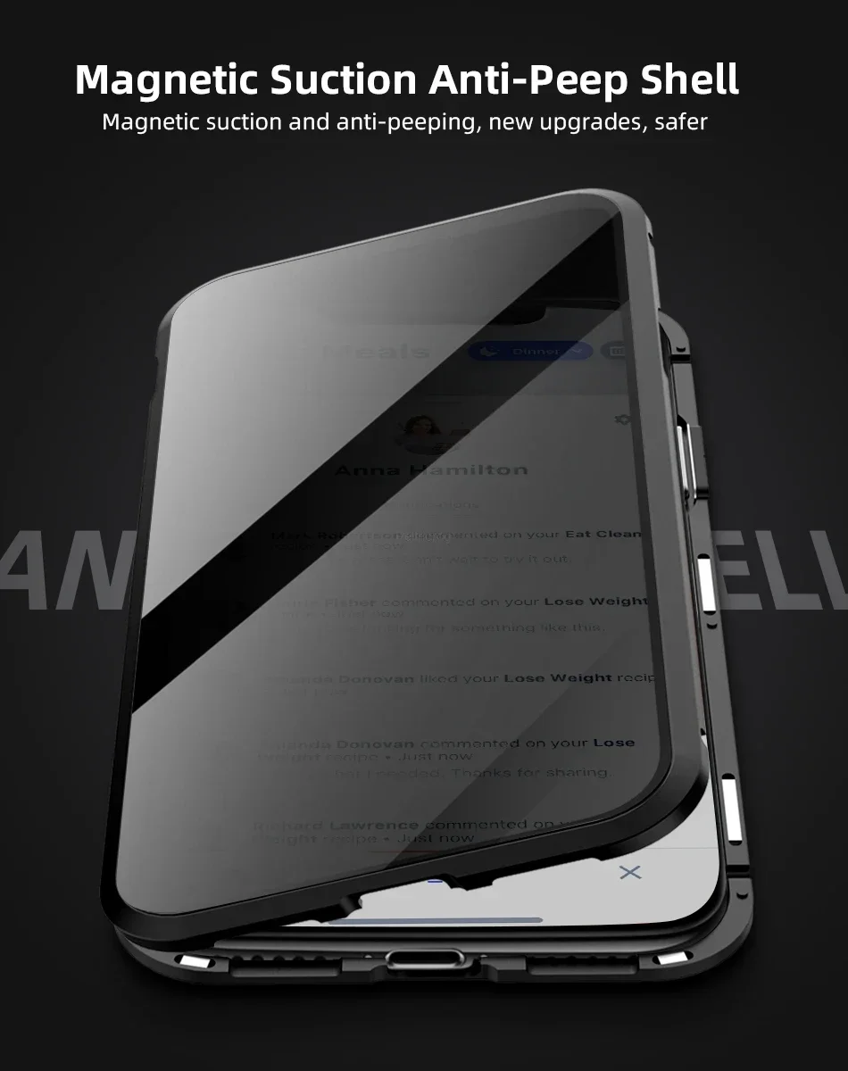 Magnetisches gehärtetes Glas Privatsphäre Metallgehäuse für iPhone 16 15 14 13 12 XR 11 Pro Max 7 8 Plus 360 Magnet Antispy Schutzhülle – Detail 5