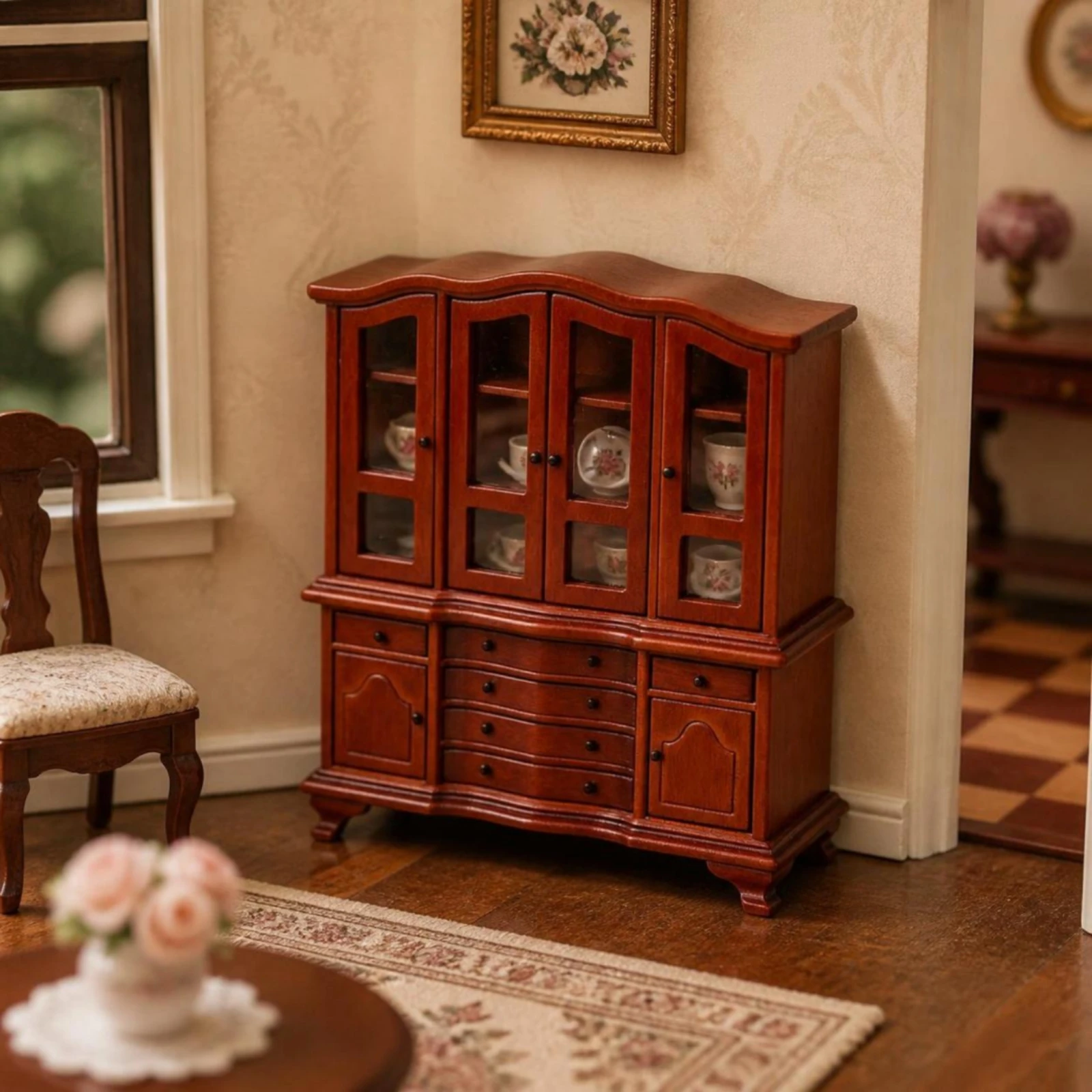 Dollhouse Storage Cabinet 1:12 Scale Miniature Bookcase with Glass Doors Cabinet with Doors Realistic Cupboard Wooden