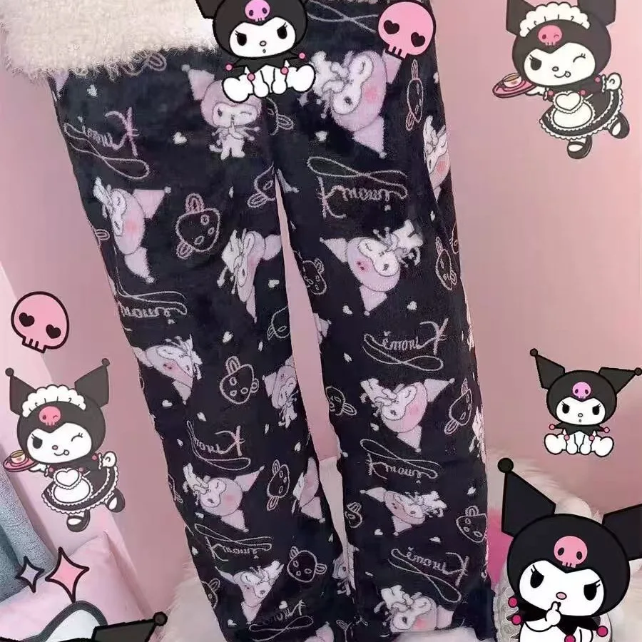 Sanrio kuromi calças de pijama femininas kawaii olá kitty anime dos desenhos animados calças de perna larga casa pijamas calças shorts bonito meninas presente