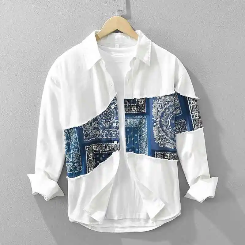 

Men's Printed Spliced Long Shirt Top Casual Wear Resistant Crease Free Durable Fabric Patterned Spliced Design Inner Wear