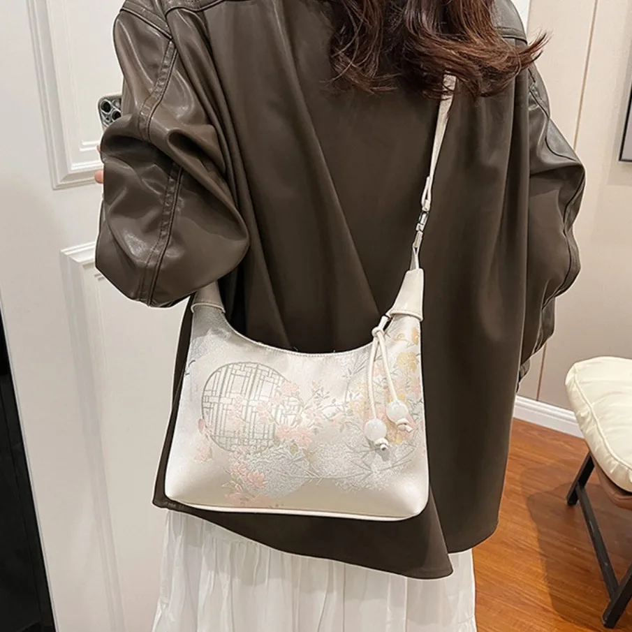 

Shoulder Bag Embroidered Chinese Style Handbag Zipper Canvas Pea Purses Luxury Adjustable Cheongsam Bag Gifts