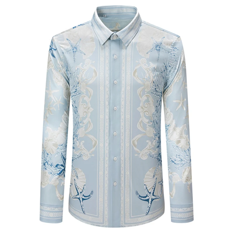 2027 Luxury Printed Silk Long Sleeved Men's Shirt FashionRetro Casual Business Social Shirt Stage Banquet Party Nightclub Shirt