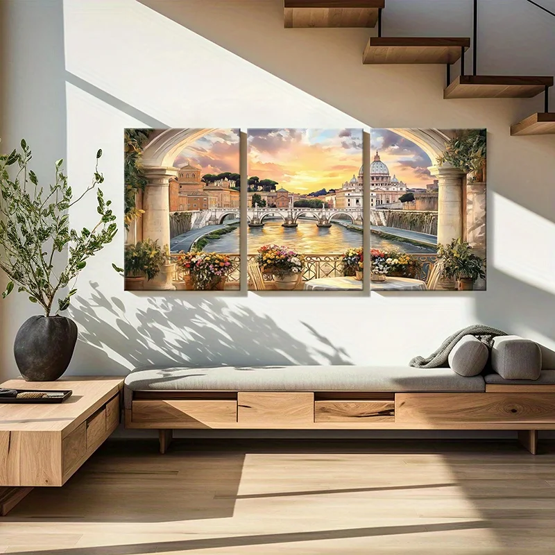 (No frame)2D Flat, 2D Flat, Set of 3 Wooden-Framed Canvas Prints Featuring Rome, a Sunset, a River, Architecture, And Flowers