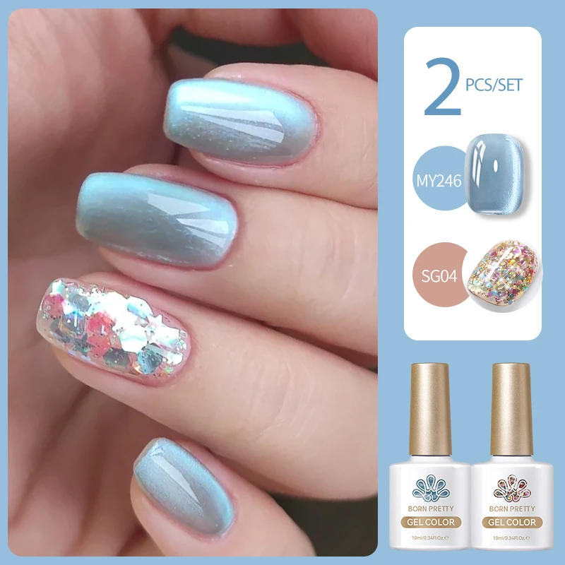 

BORN PRETTY 2Pcs Gel Nail Polish Set Kits Blue Glass Moonlight Cat Magnetic Gel with Sparkling Glitter Soak Off UV LED Varnish