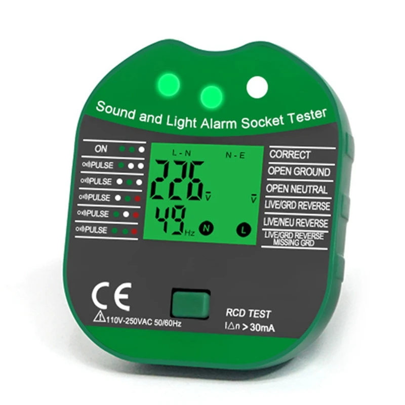 Digital Display Buzzing Socket Tester Voltage RCD Test Smart Detector Zero Line Polarity Phase Check-AT64