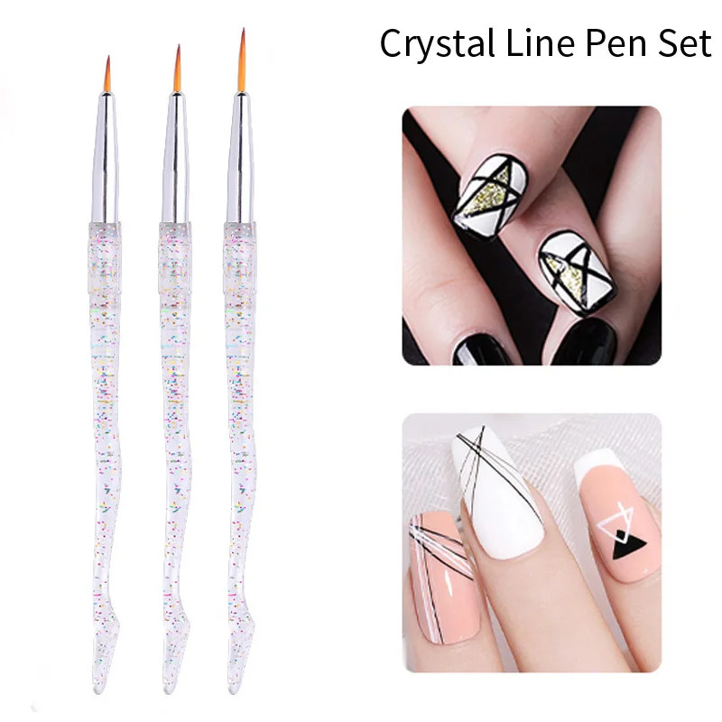 3Pcs/Set Crystal Fine Liner Brush Nail Art Striping Brushes Thin Line Nail Brush Detail Painting Pen Gel Nail Painting Tools