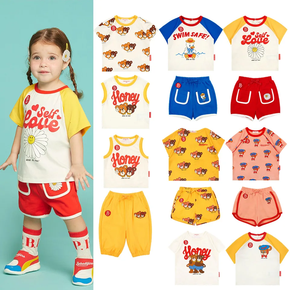 

2026 Summer Baby Girls Cotton T Shirts + Shorts Suits New Boys Cartoon Bear T-shirts Trousers Kids Clothes Girls Tank Top Pants