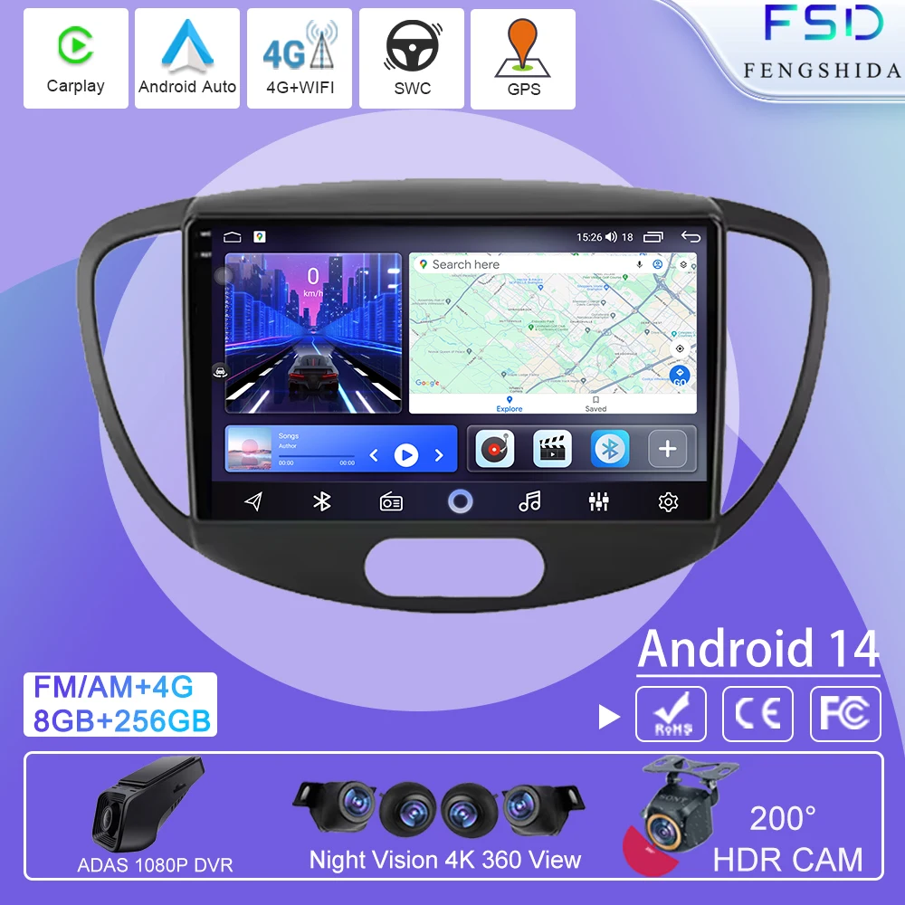 

Android Auto For Hyundai i10 2007 2008 2009 2010-2013 Video Multimedia Player Stereo 4G WIFI BT Car Radio GPS Touch Screen CPU
