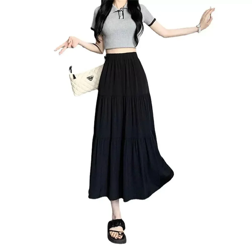 

Women Skirt A-Line Fairy High Elastic Waist Holiday Loose Mid-Length Regular Solid Color Spliced White Hot New