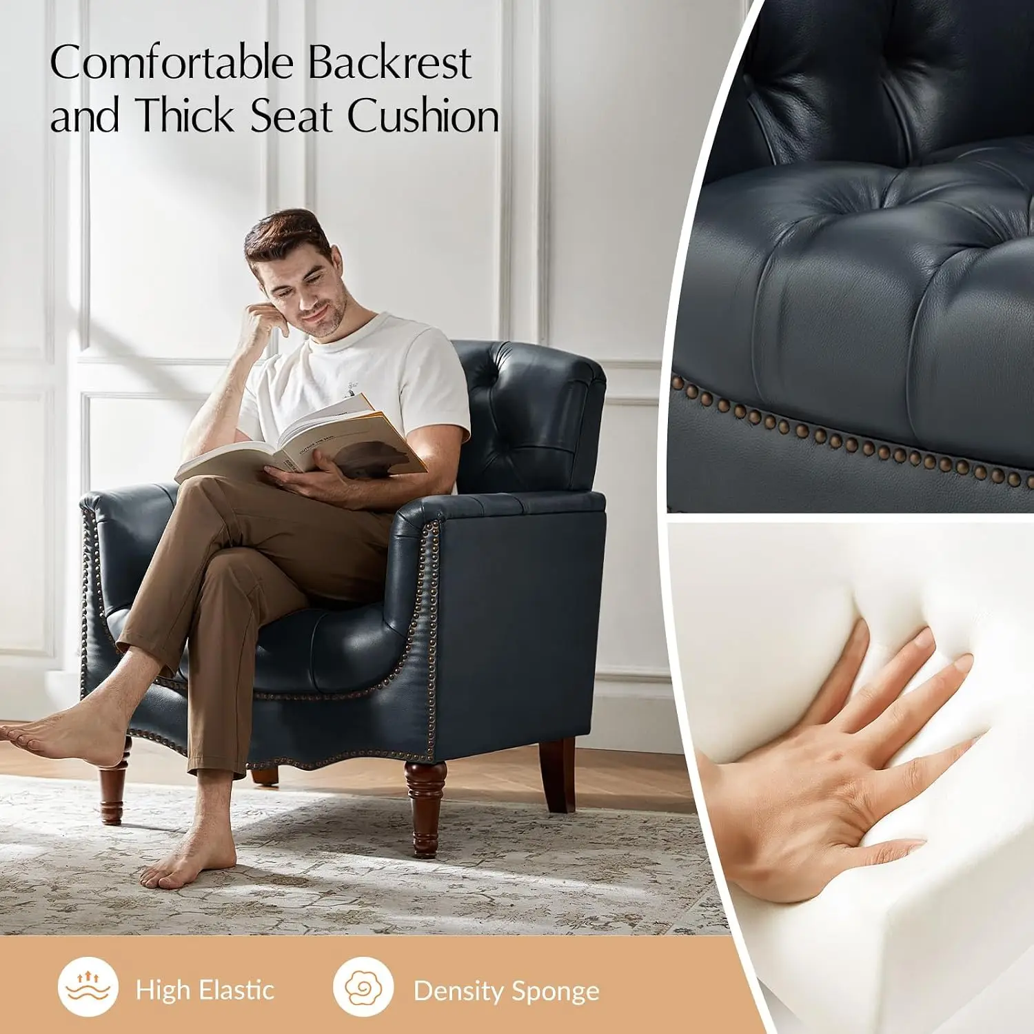 Mid Century Modern Genuine Leather Accent Chairs Set of 2, Navy
