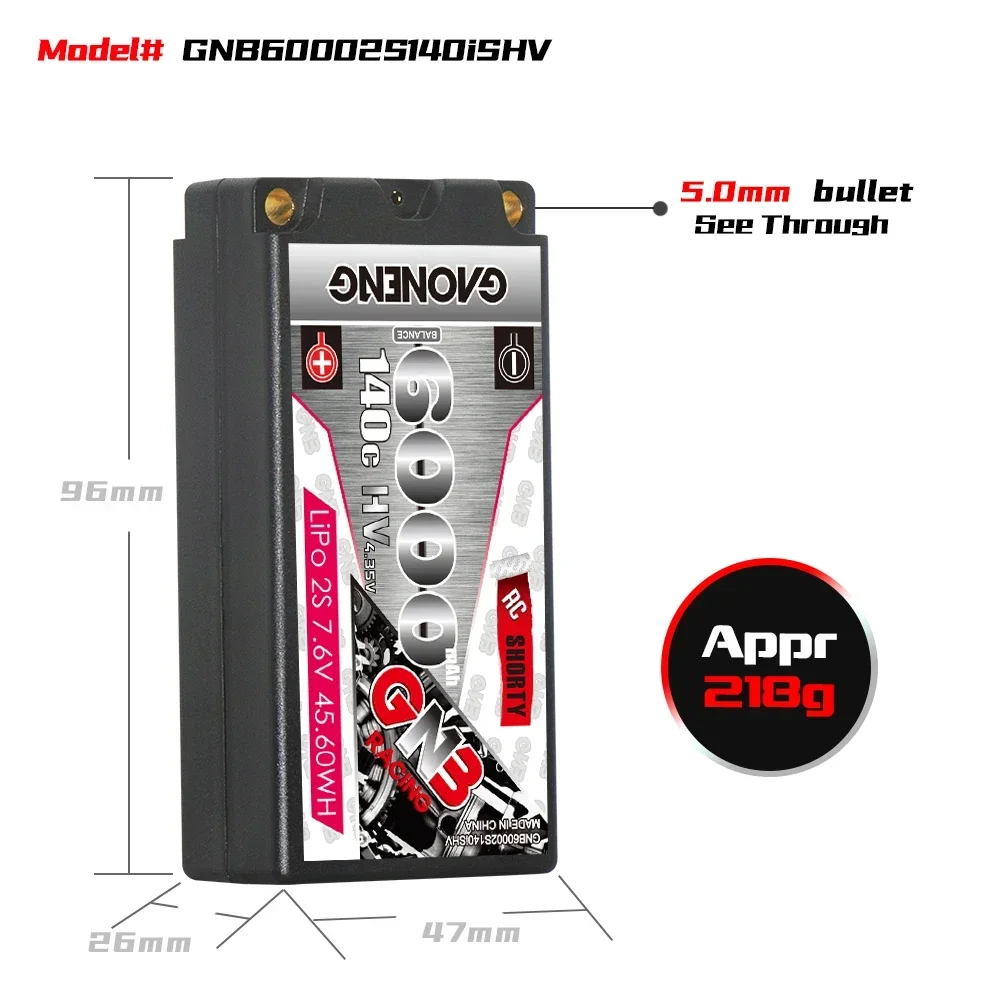 GAONENG 6000mAh 2S 7.6V 140C LiHV Hardcase SHORTY GNB Lipo Battery With 5.0mm Bullet XT60 T Plug For 1/10 RC Car Parts