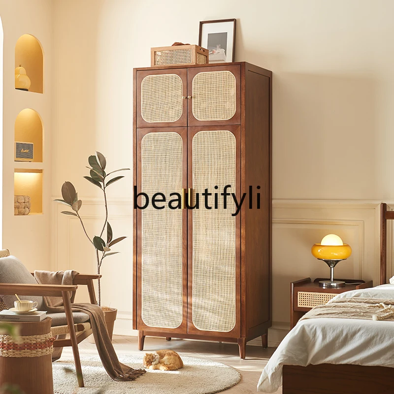 

New Chinese solid wood wardrobe bedroom rattan double door Nordic retro ash wood storage locker
