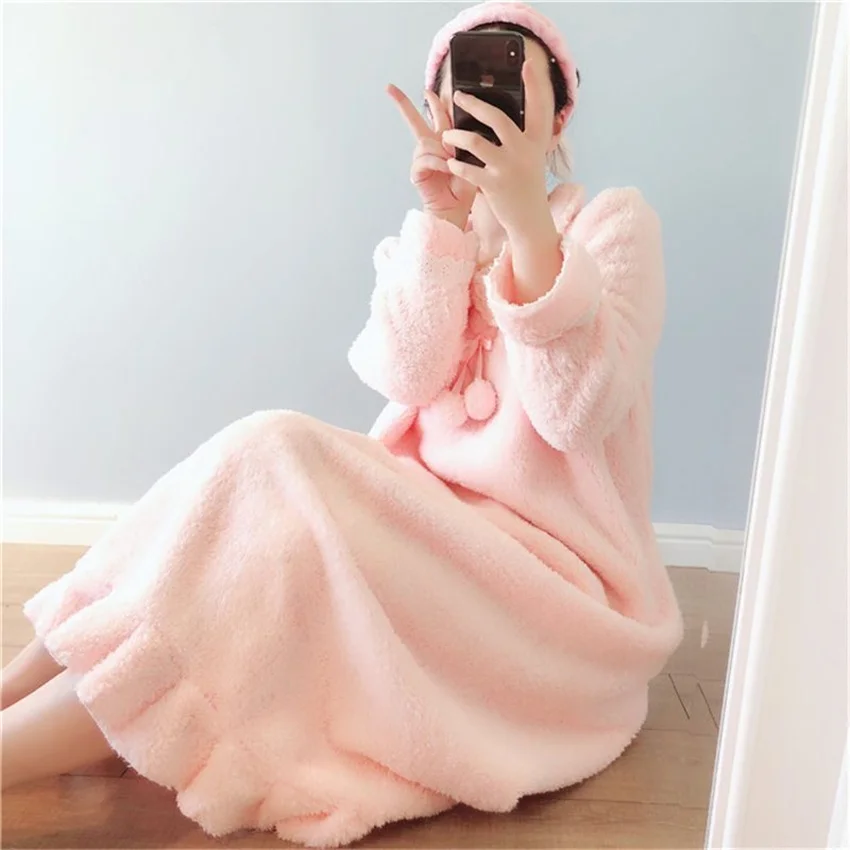 Autumn Winter Women Long Sleeve Nightgown Pink Flannel Nightgowns Girls Night Dress Sleepwear Cute Princess Coral Fleece