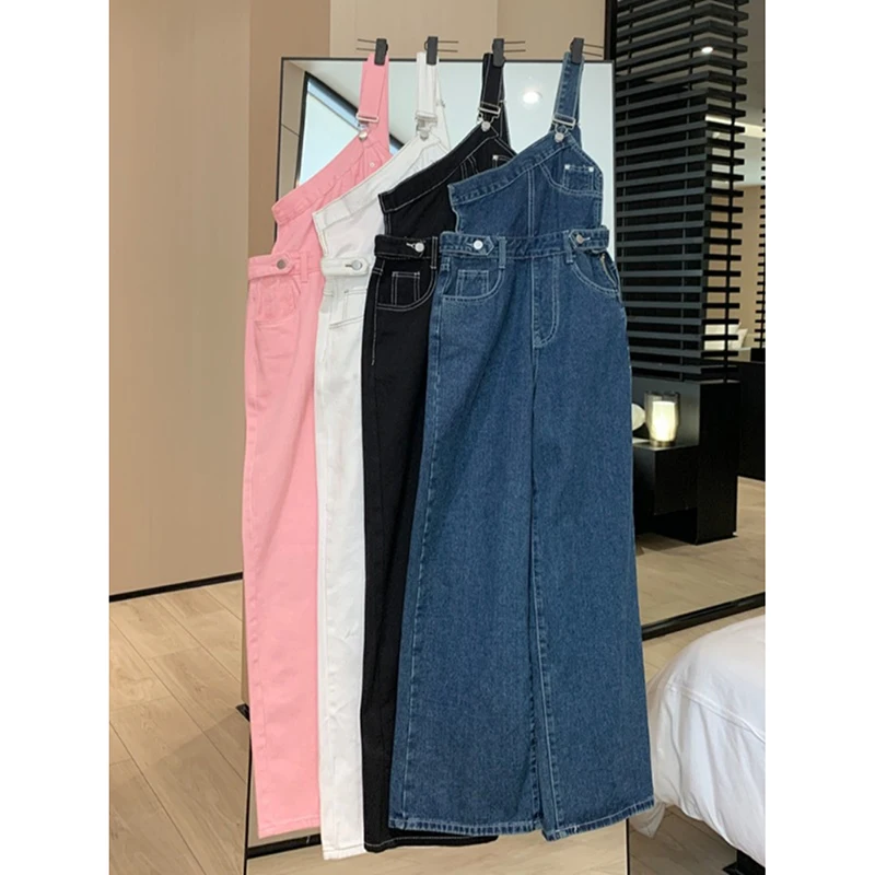 Korean Design Sense Single Shoulder Denim Overalls Women’s 2024 New Niche High Waist Pants Fashion Straight Wide Leg Long Trouse