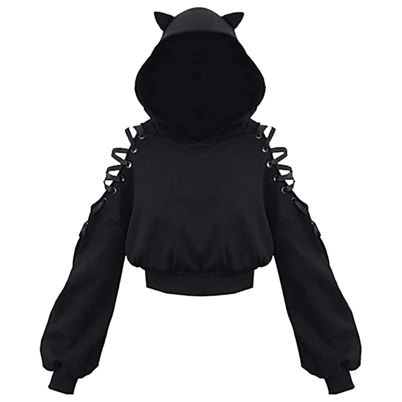 Y2k Gothic Dames Hoodie Kat Oor Crop Top Capuchon Sweatshirt Hol Lace Up Lange Mouw Capuchon Casual Trui Herfst