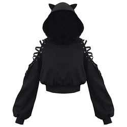 Y2k Gothic Womens Hoodie Cat Ear Crop Top Hooded Sweatshirt Hollow Out Lace Up Long Sleeve Hodded Casual Pullover Autumn