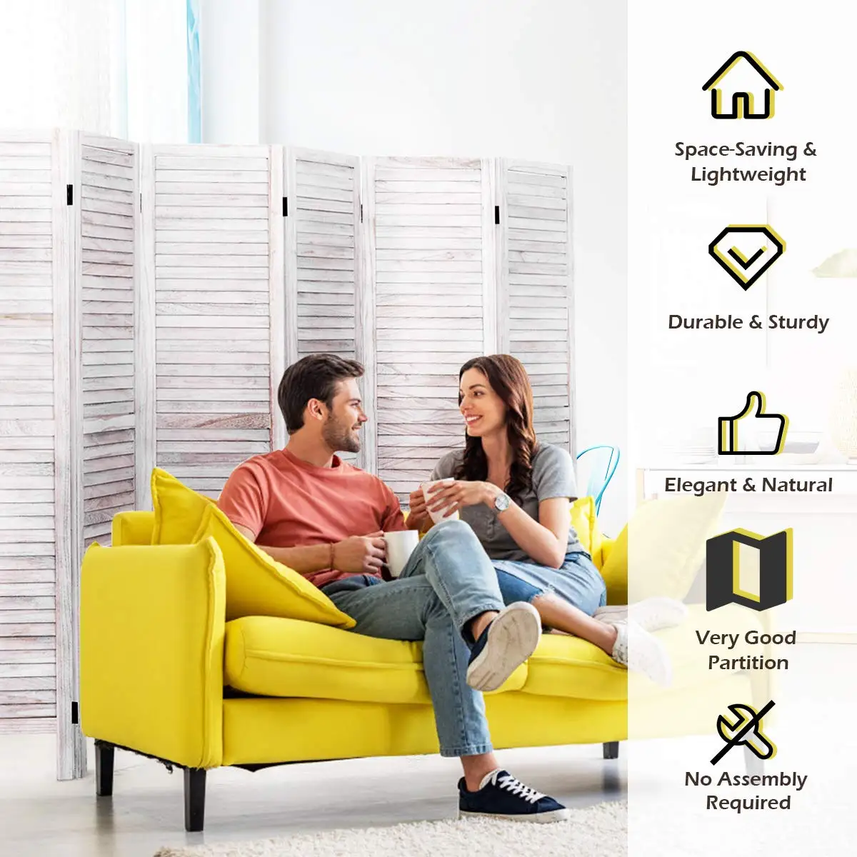 6 Panel Wood Room Divider, 5.6 Ft Tall Oriental Folding Freestanding Partition Privacy Room Dividers Sn for Home