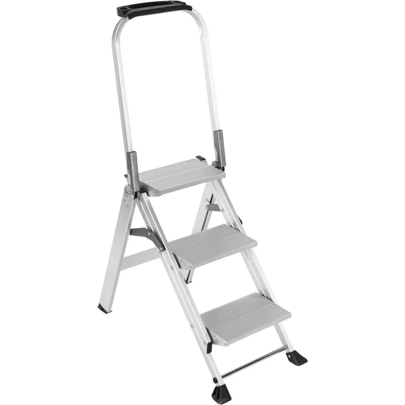 Aluminum folding 3 step stool with non-slip wide Pedal, rubber feet, lightweight multi-use ladder for household and office